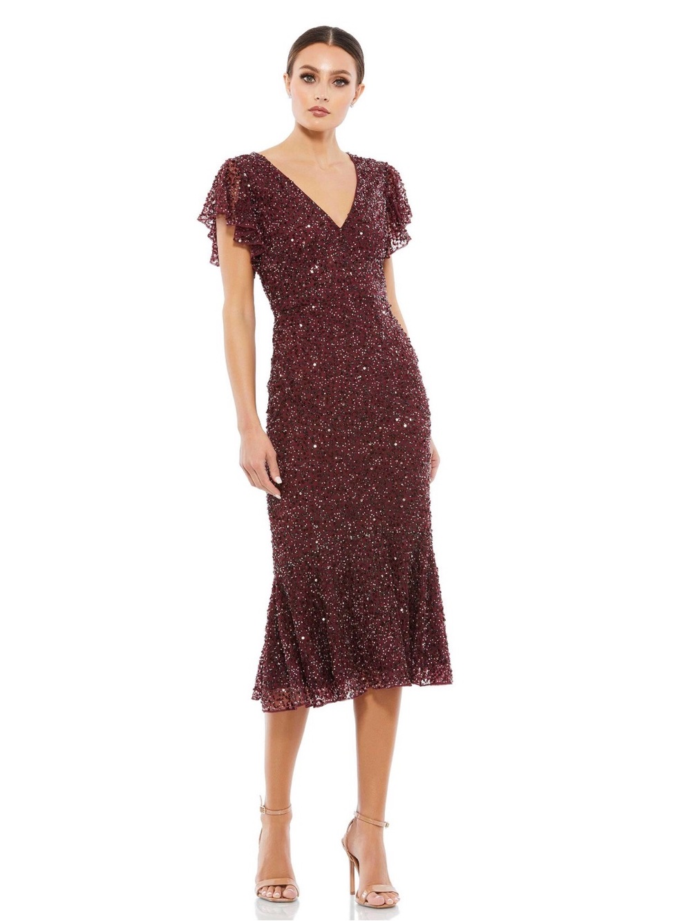Mac Duggal Garnet Sequin Flutter Sleeve Trumpet Dress Size 2 NWT